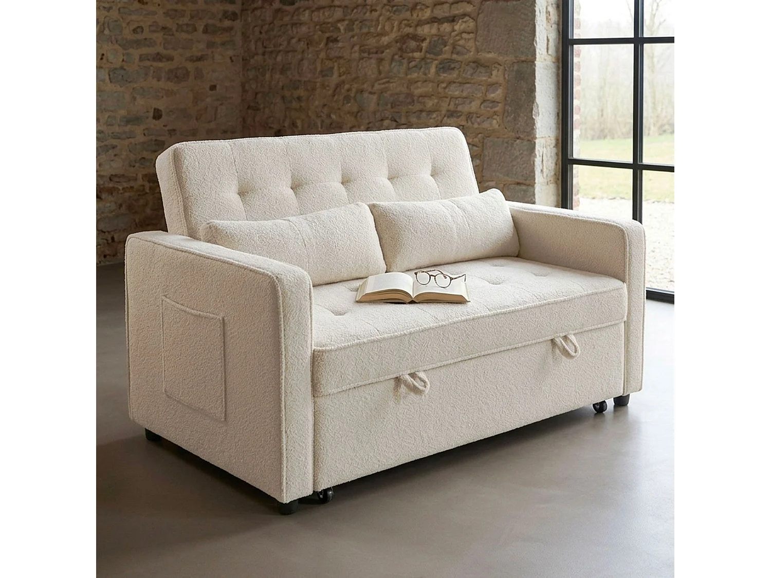 Canapé convertible 2 places Komaria Tissu bouclette Crème