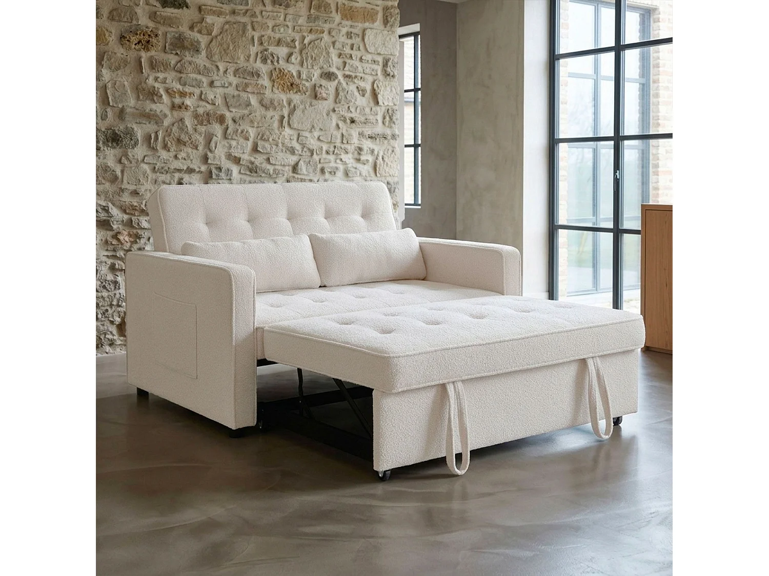 Canapé convertible 2 places Komaria Tissu bouclette Crème