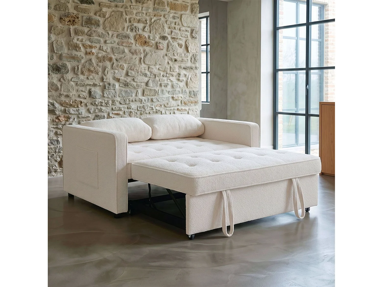 Canapé convertible 2 places Komaria Tissu bouclette Crème