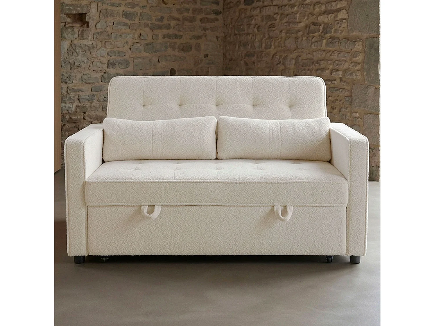 Canapé convertible 2 places Komaria Tissu bouclette Crème