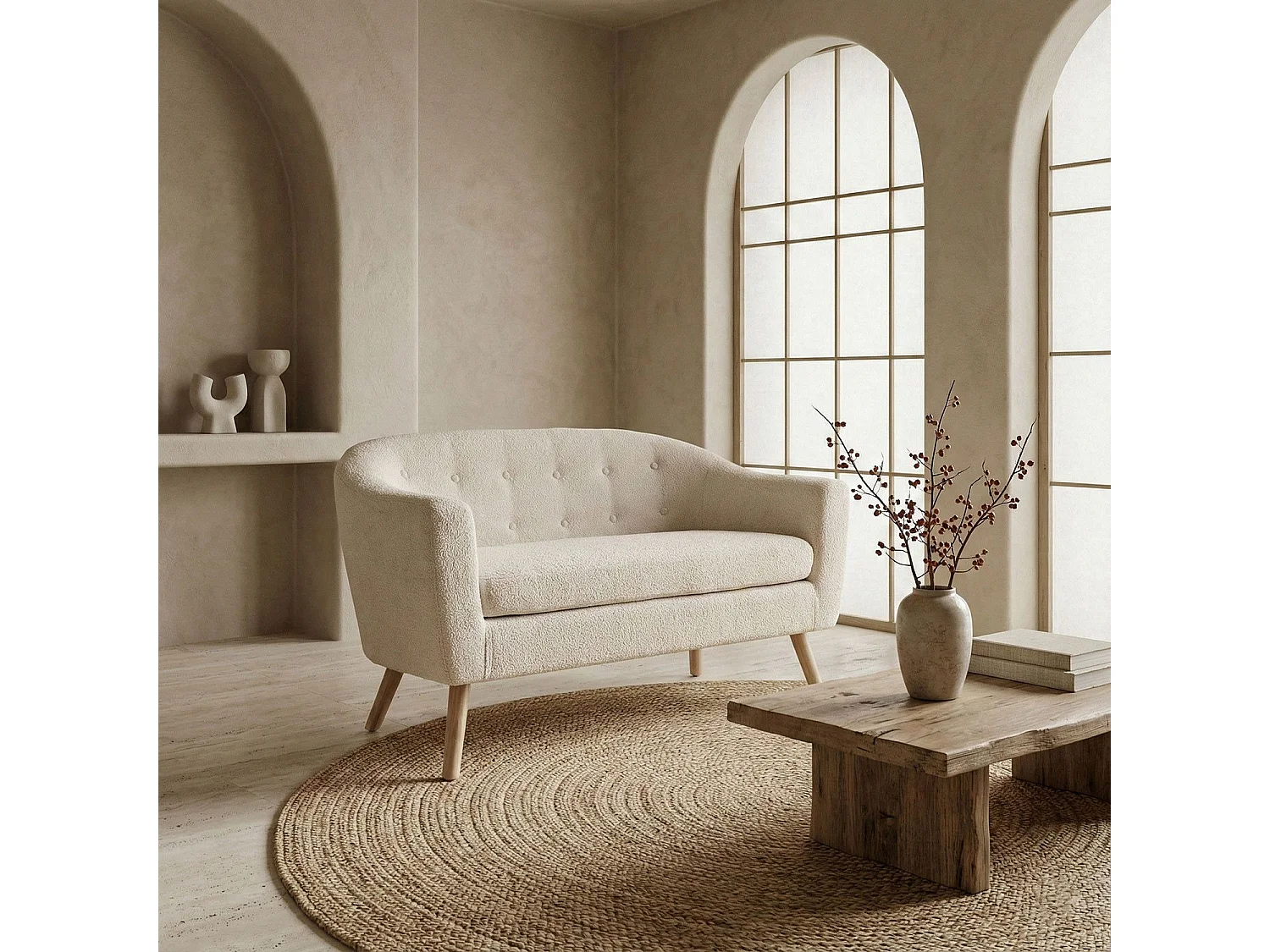 Canapé 2 places style scandinave Savoy Tissu Bouclette Beige