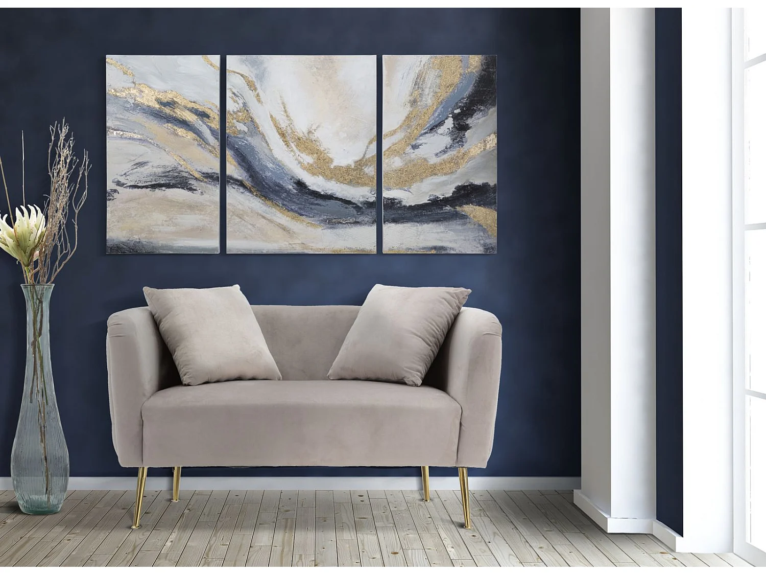 Canapé en tissu gris avec pieds dorés cm 127x74x71