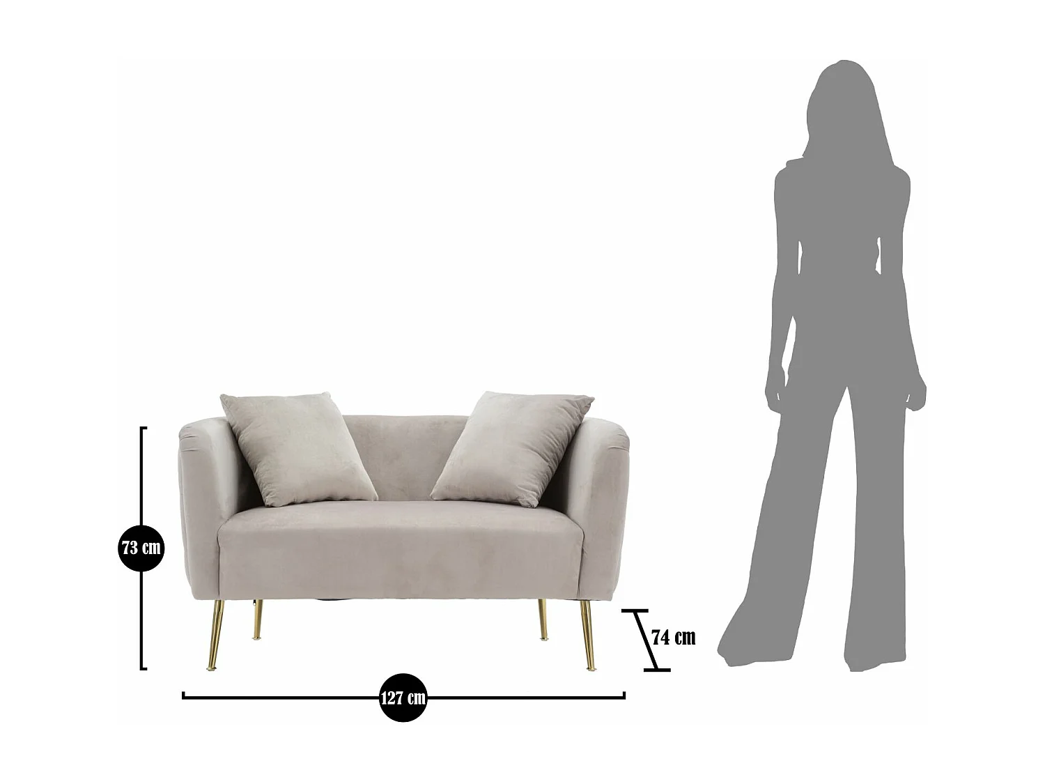 Canapé en tissu gris avec pieds dorés cm 127x74x71