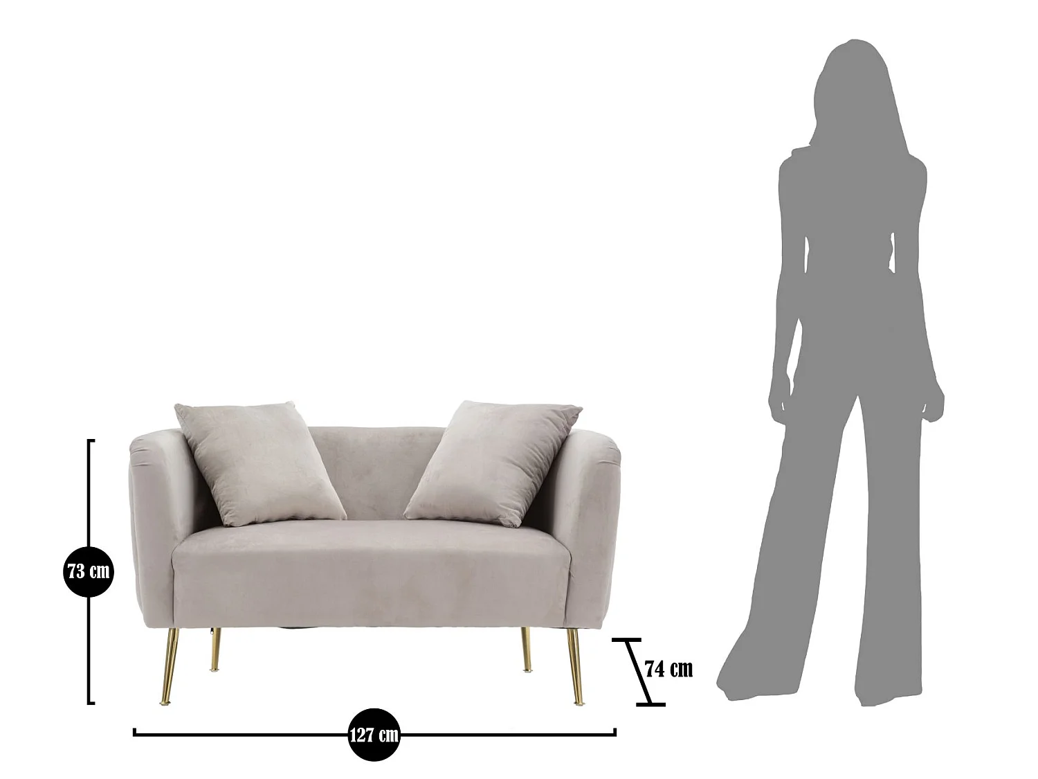 Kleines Sofa aus Stoff grau mit goldfarbenen Beinen 127x74x71 cm