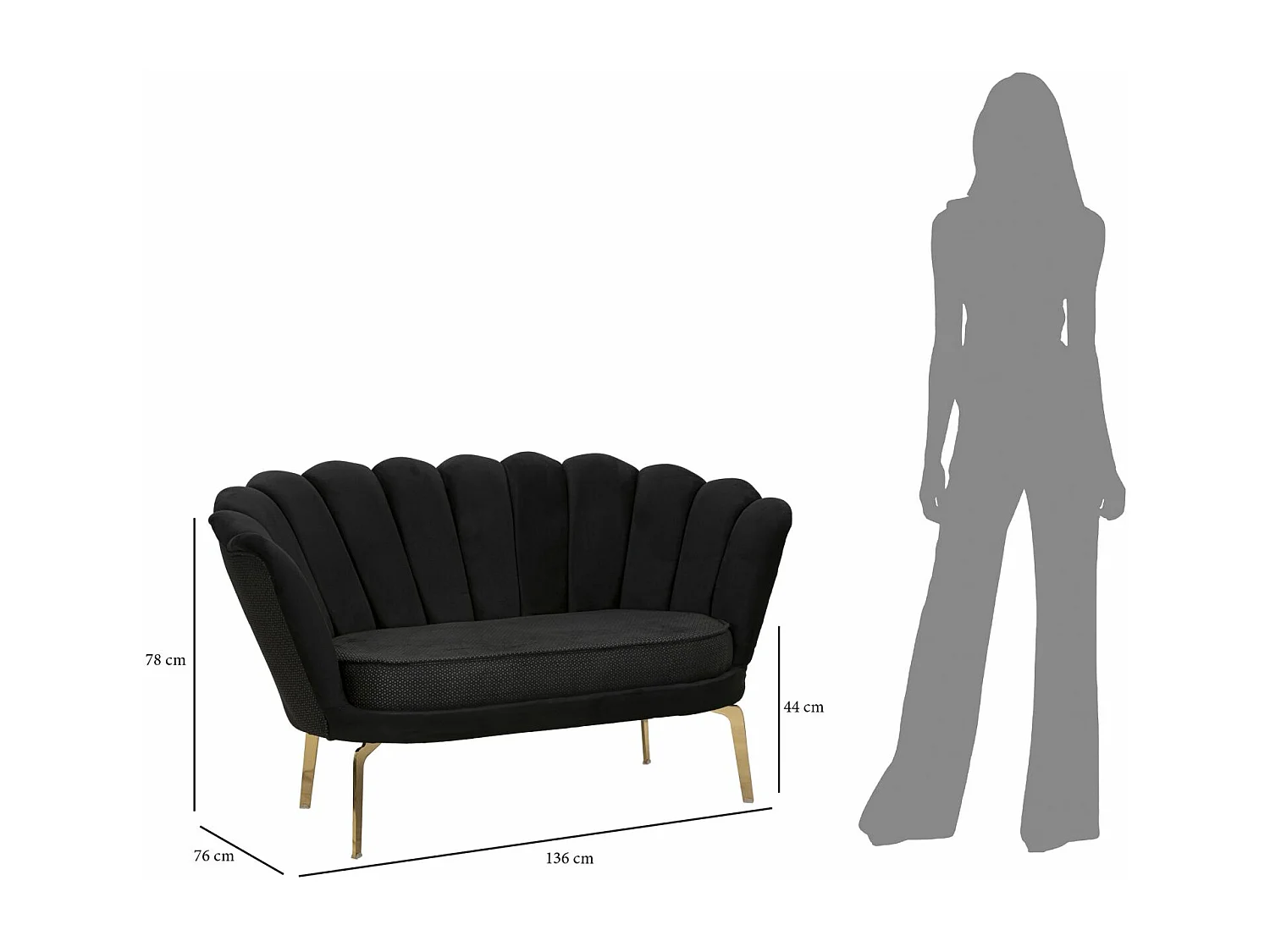 Canapé en tissu noir avec pieds dorés cm 136x76x78