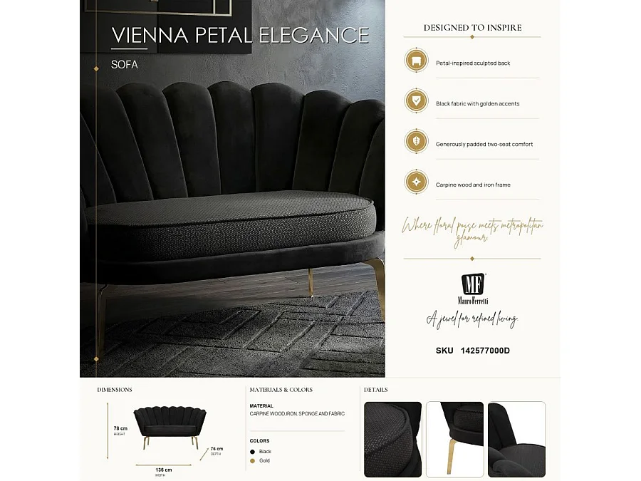 Sofa aus Stoff schwarz mit goldfarbenen Beinen 136x76x78 cm