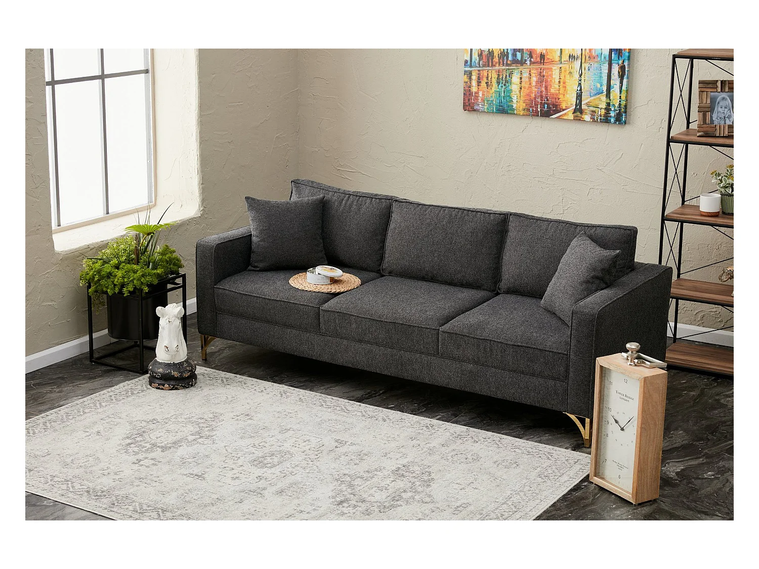 Sofá Altadena 383, Gris, 222x91x83cm, Tapiz, Patas: Metal