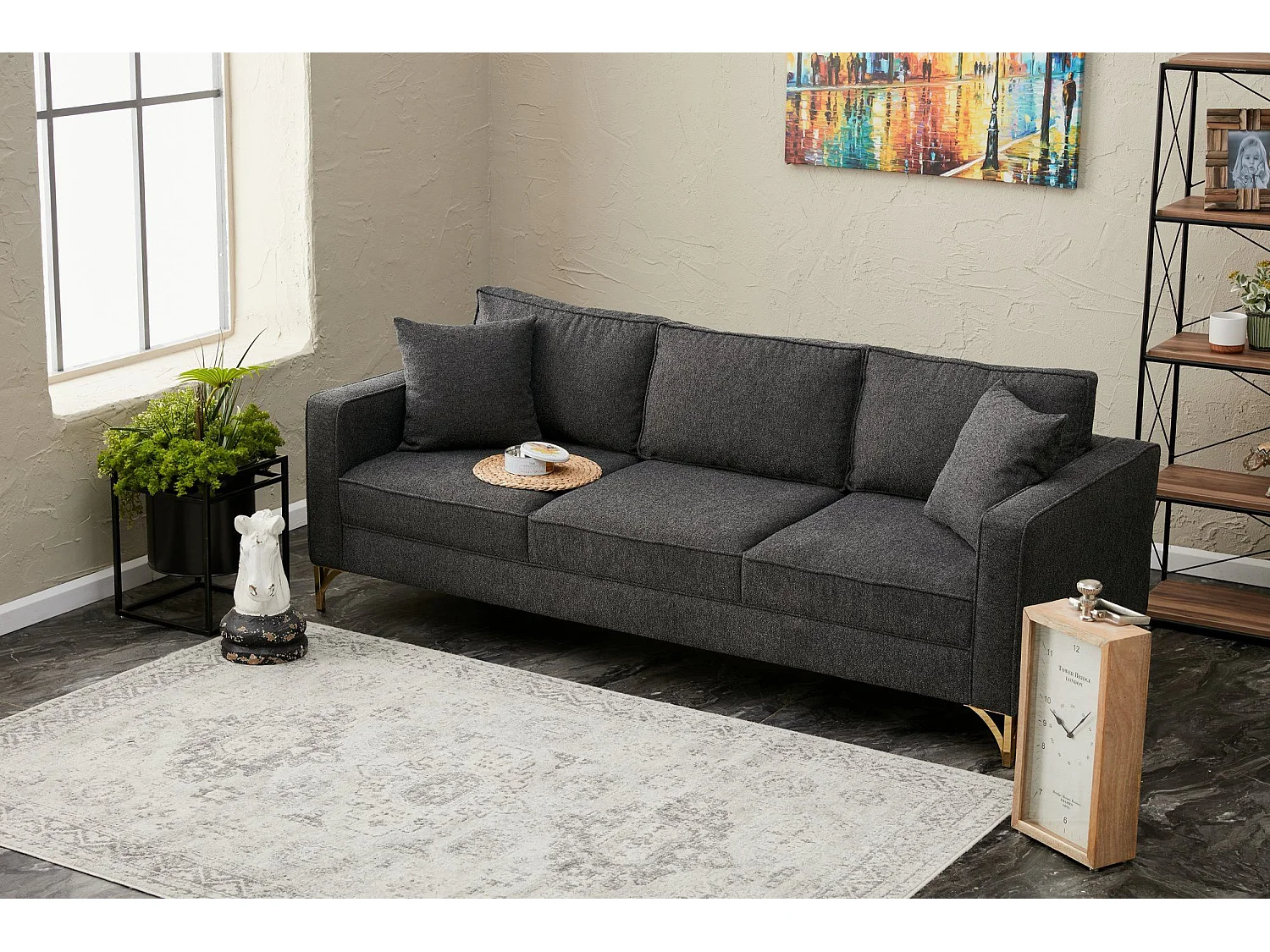 Canapé 3 places Barlino Tissu Anthracite pieds Or