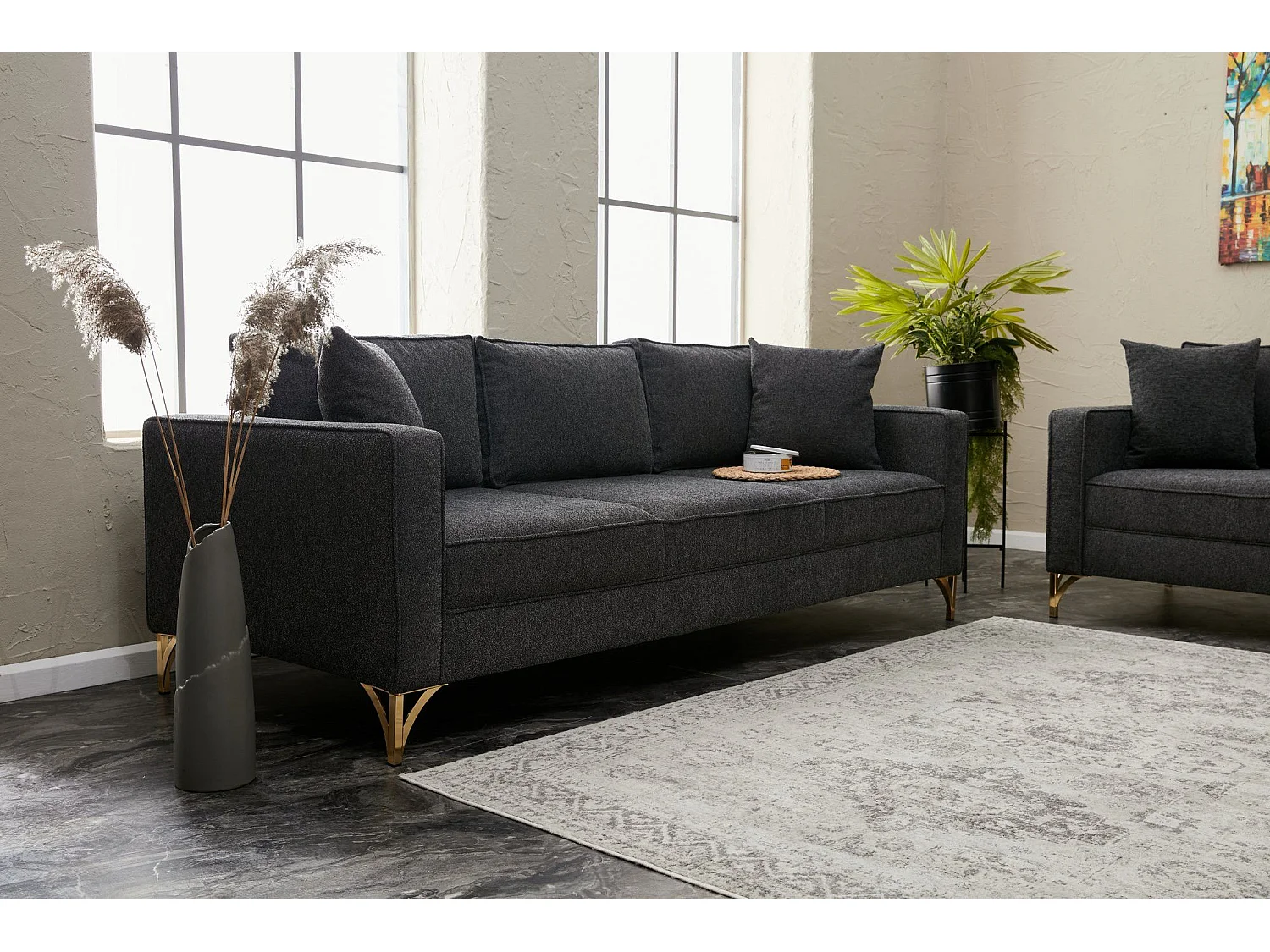 Canapé 3 places Barlino Tissu Anthracite pieds Or