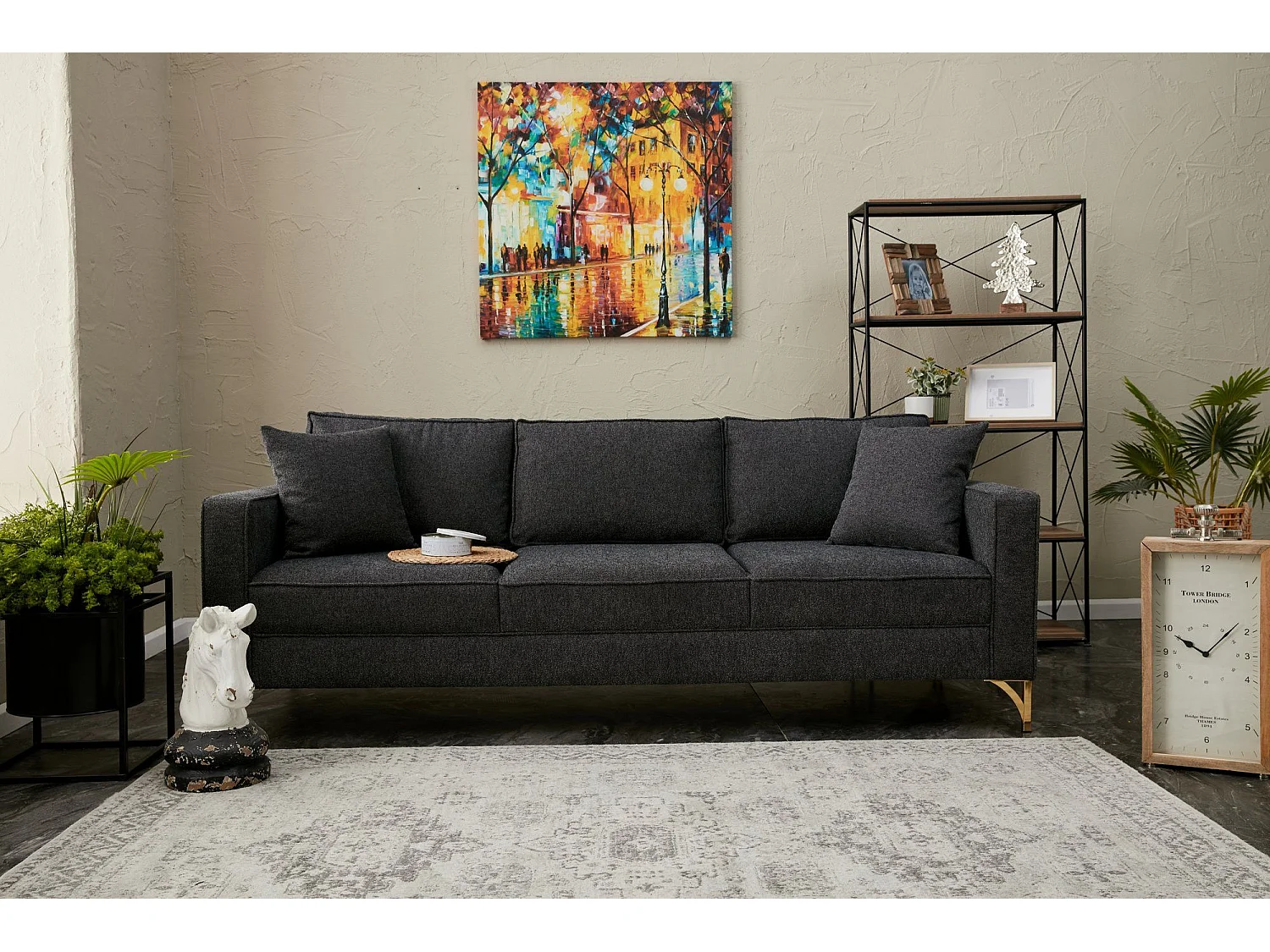 Canapé 3 places Barlino Tissu Anthracite pieds Or