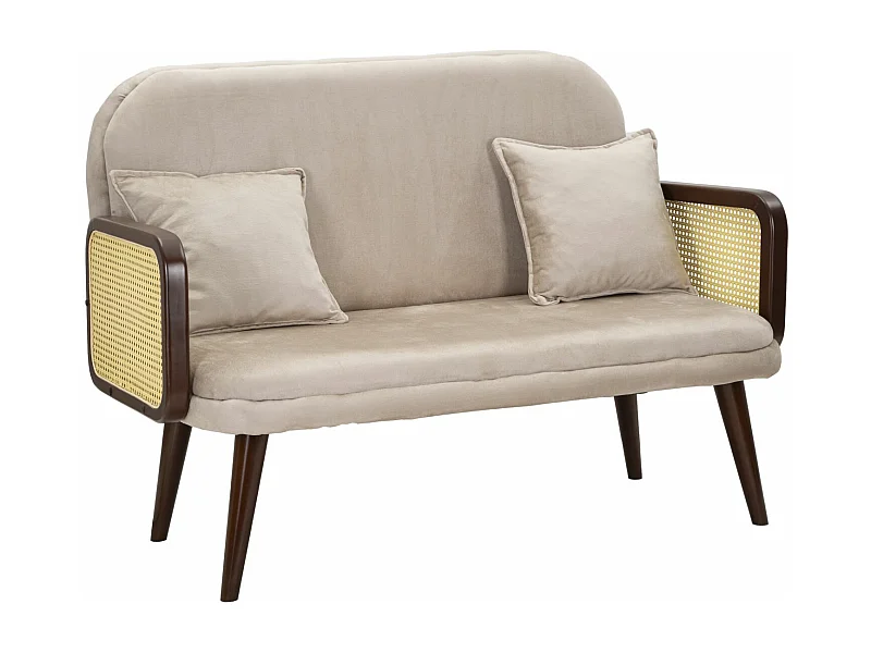 Divano in tessuto beige con braccioli in legno cm 131x80x93