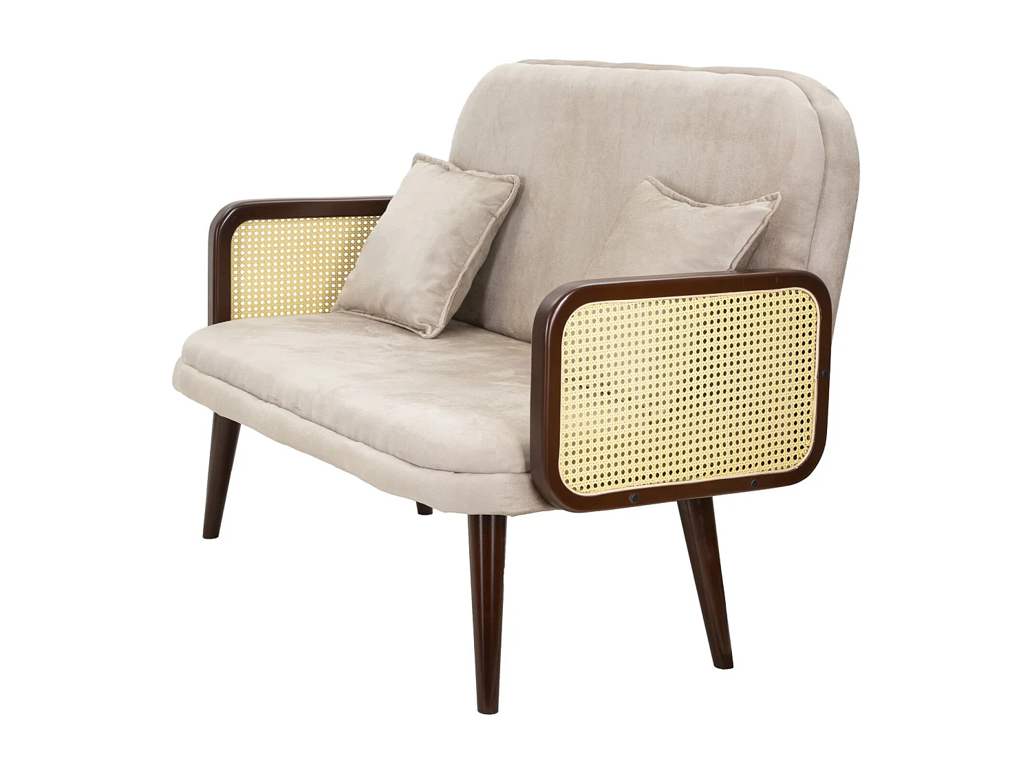 Canapé en tissu beige avec accoudoirs en bois cm 131x80x93