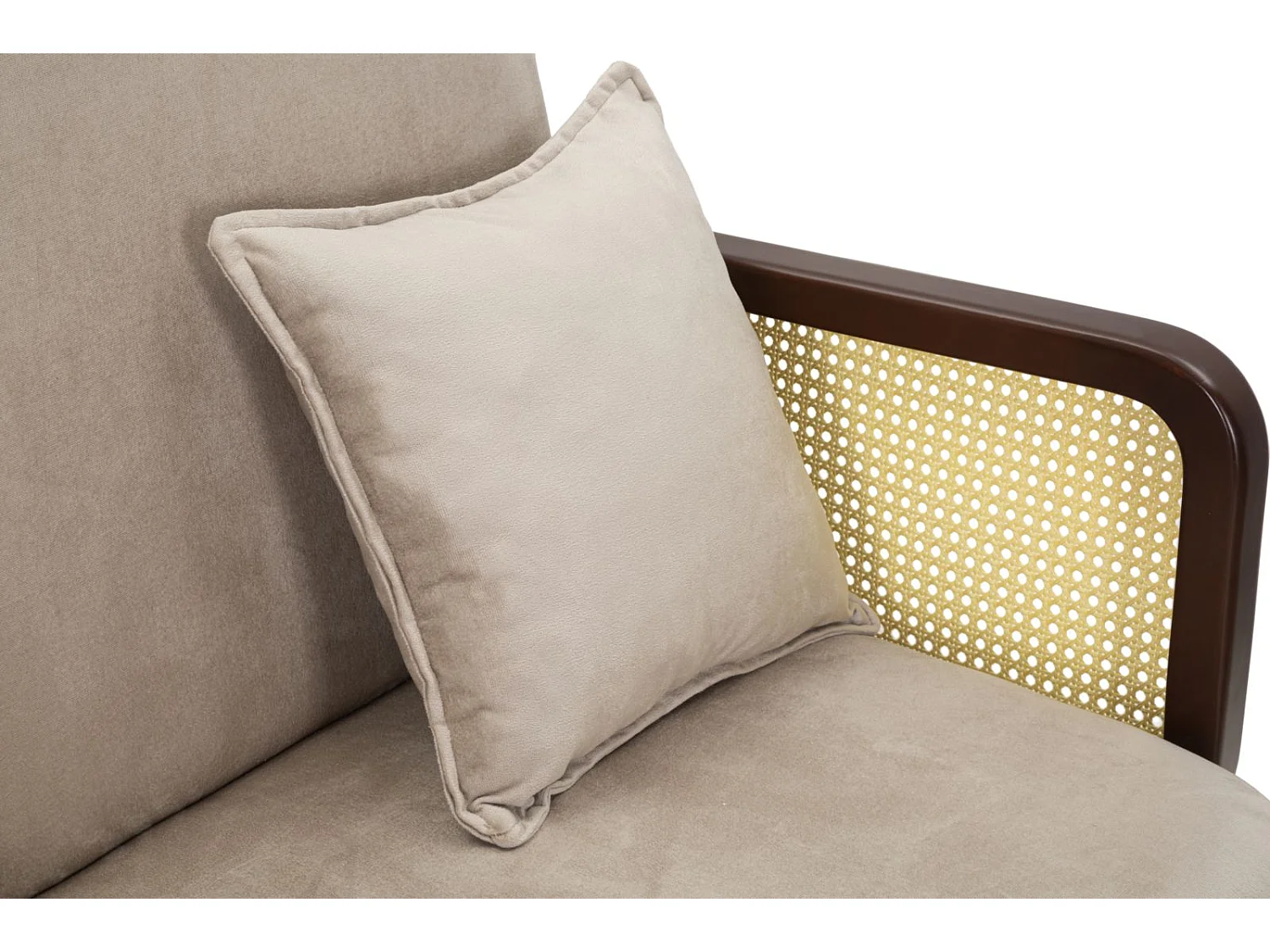 Canapé en tissu beige avec accoudoirs en bois cm 131x80x93