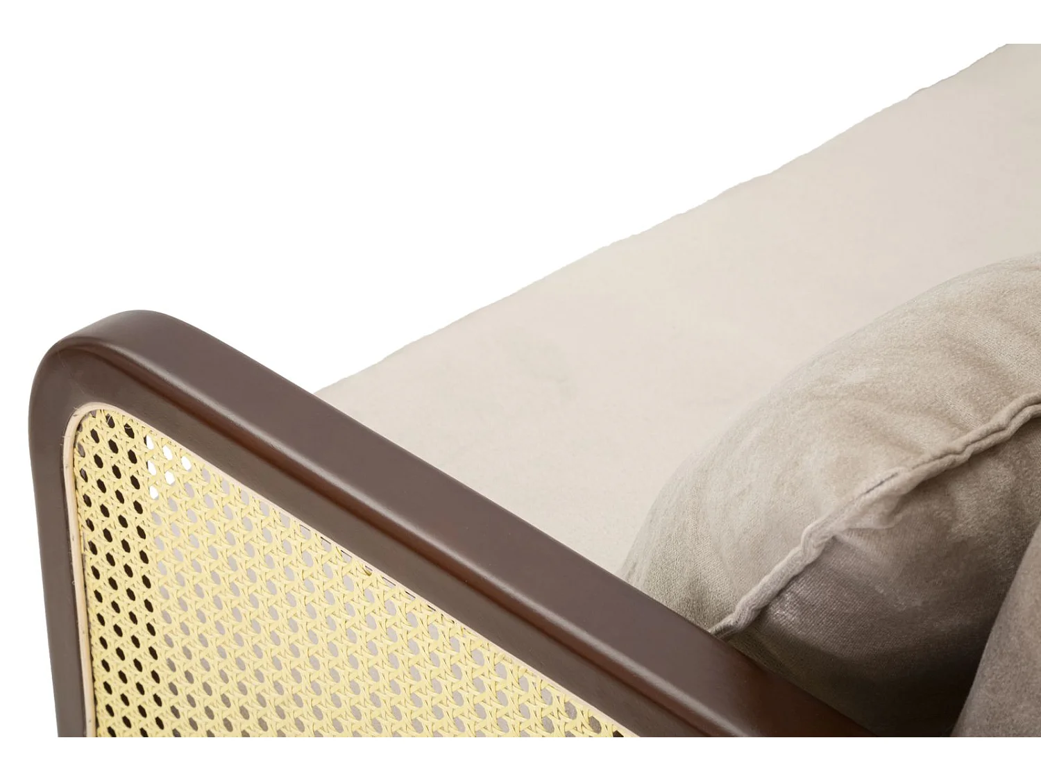 Canapé en tissu beige avec accoudoirs en bois cm 131x80x93