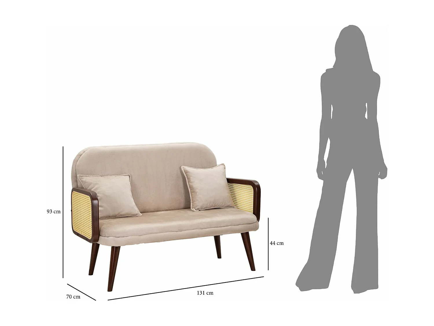 Canapé en tissu beige avec accoudoirs en bois cm 131x80x93