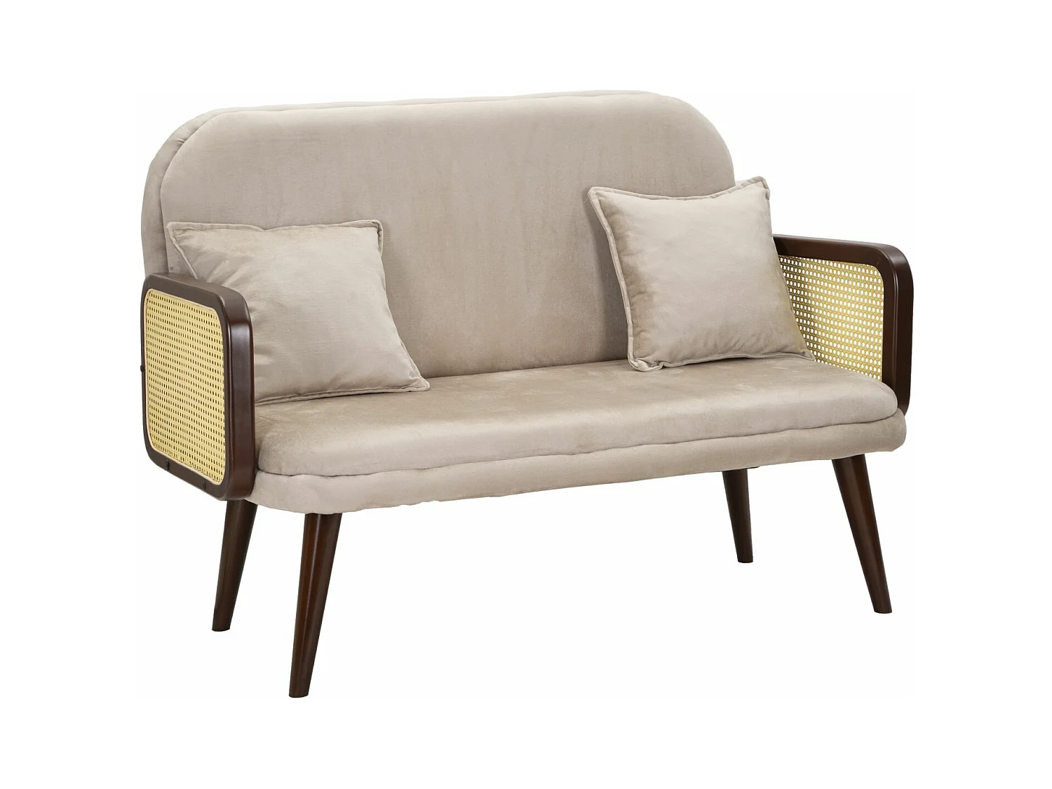 Divano in tessuto beige con braccioli in legno cm 131x80x93