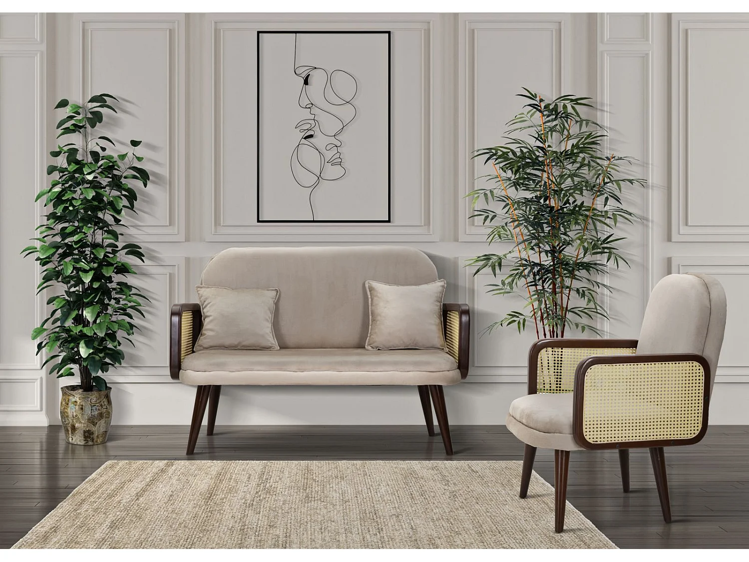 Canapé en tissu beige avec accoudoirs en bois cm 131x80x93