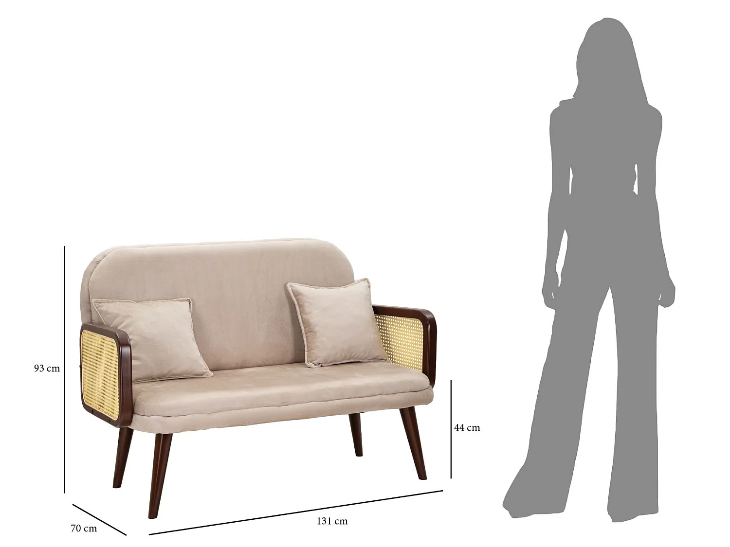 Sofa aus Stoff beige mit Armlehnen aus Holz 131x80x93 cm