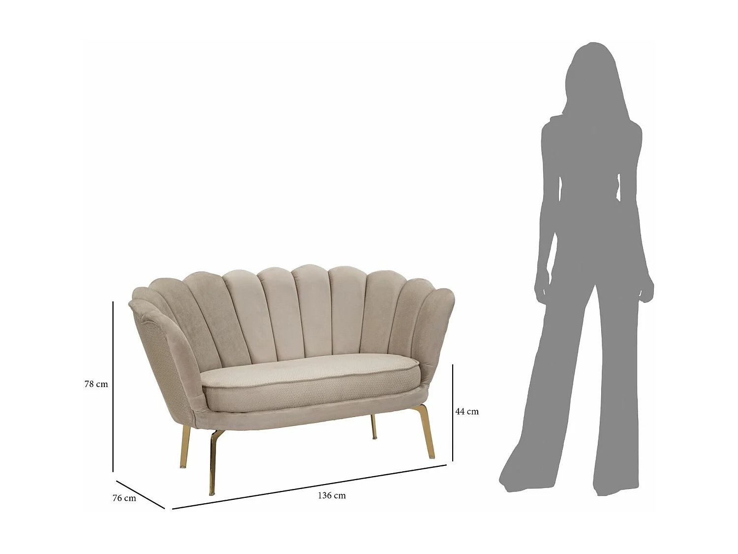 Canapé en tissu beige avec pieds dorés cm 136x76x78