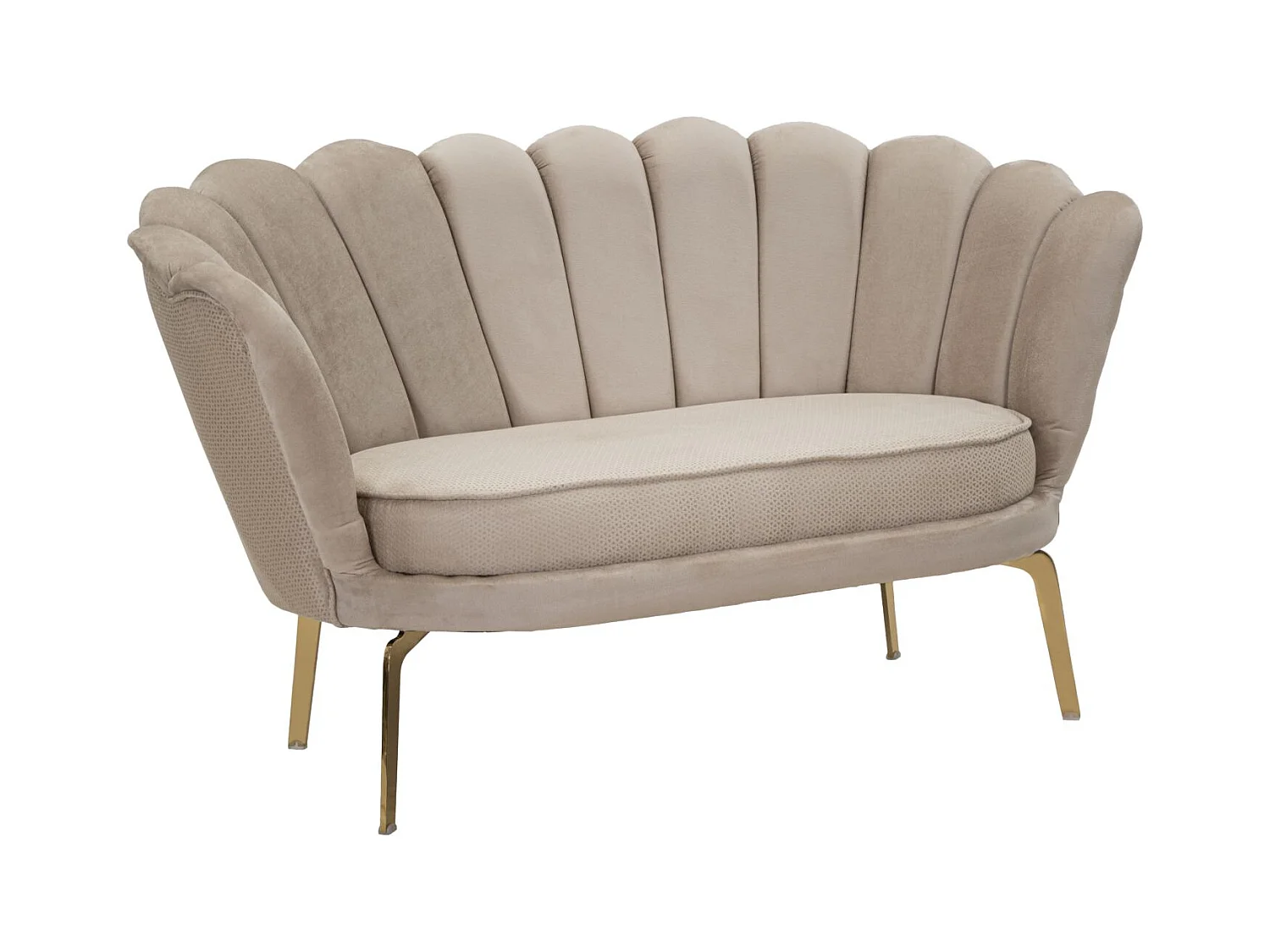 Divano in tessuto beige con gambe dorate cm 136x76x78