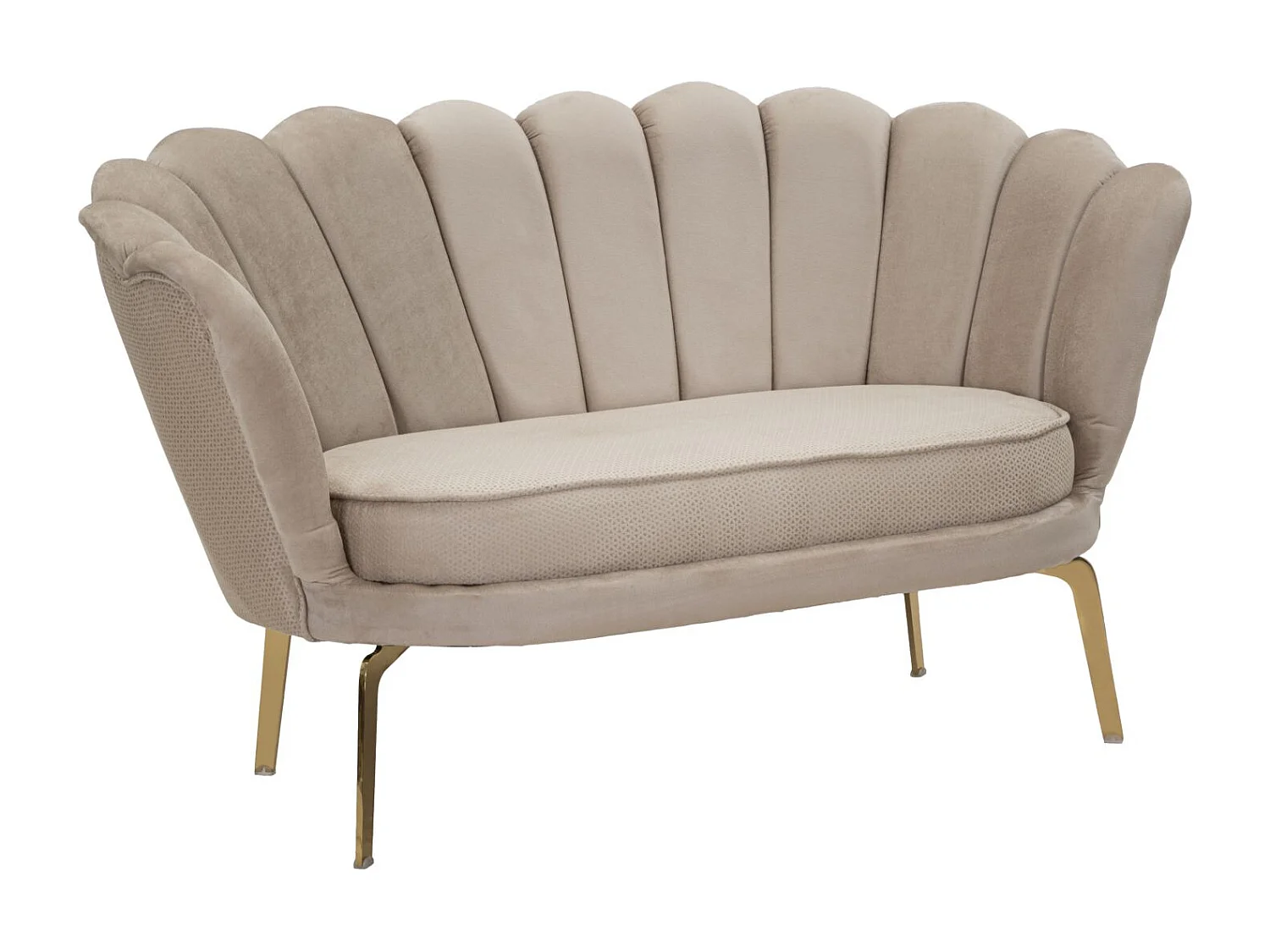 Divano in tessuto beige con gambe dorate cm 136x76x78