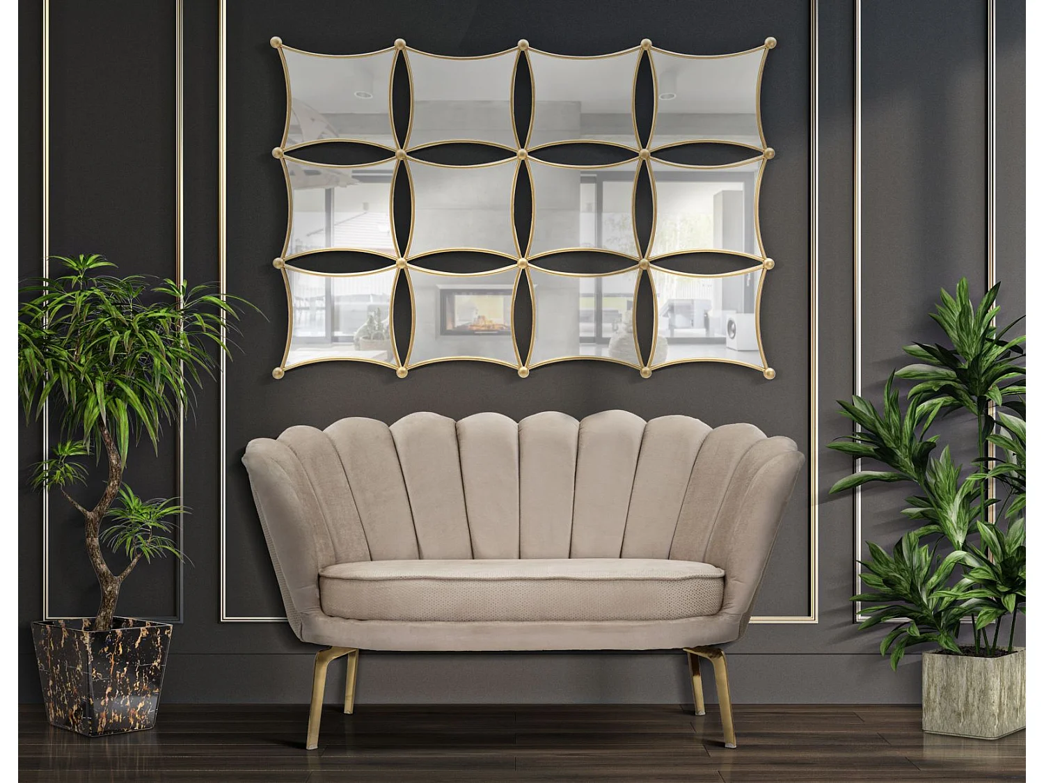 Divano in tessuto beige con gambe dorate cm 136x76x78