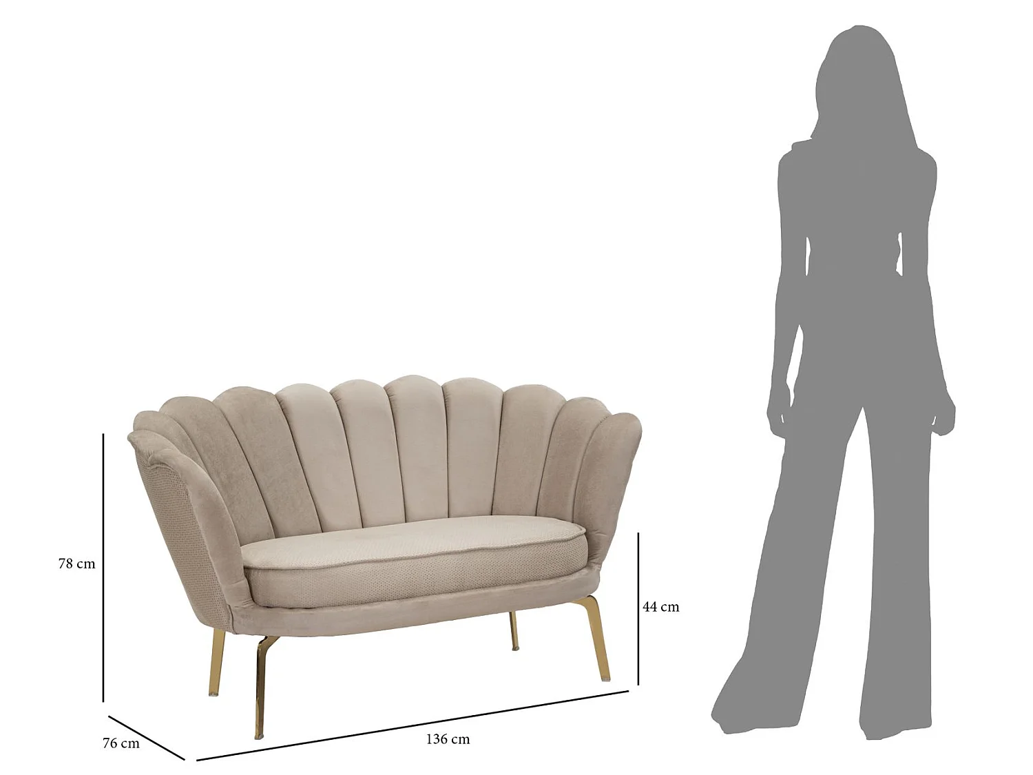 Sofa aus Stoff beige mit goldfarbenen Beinen 136x76x78 cm