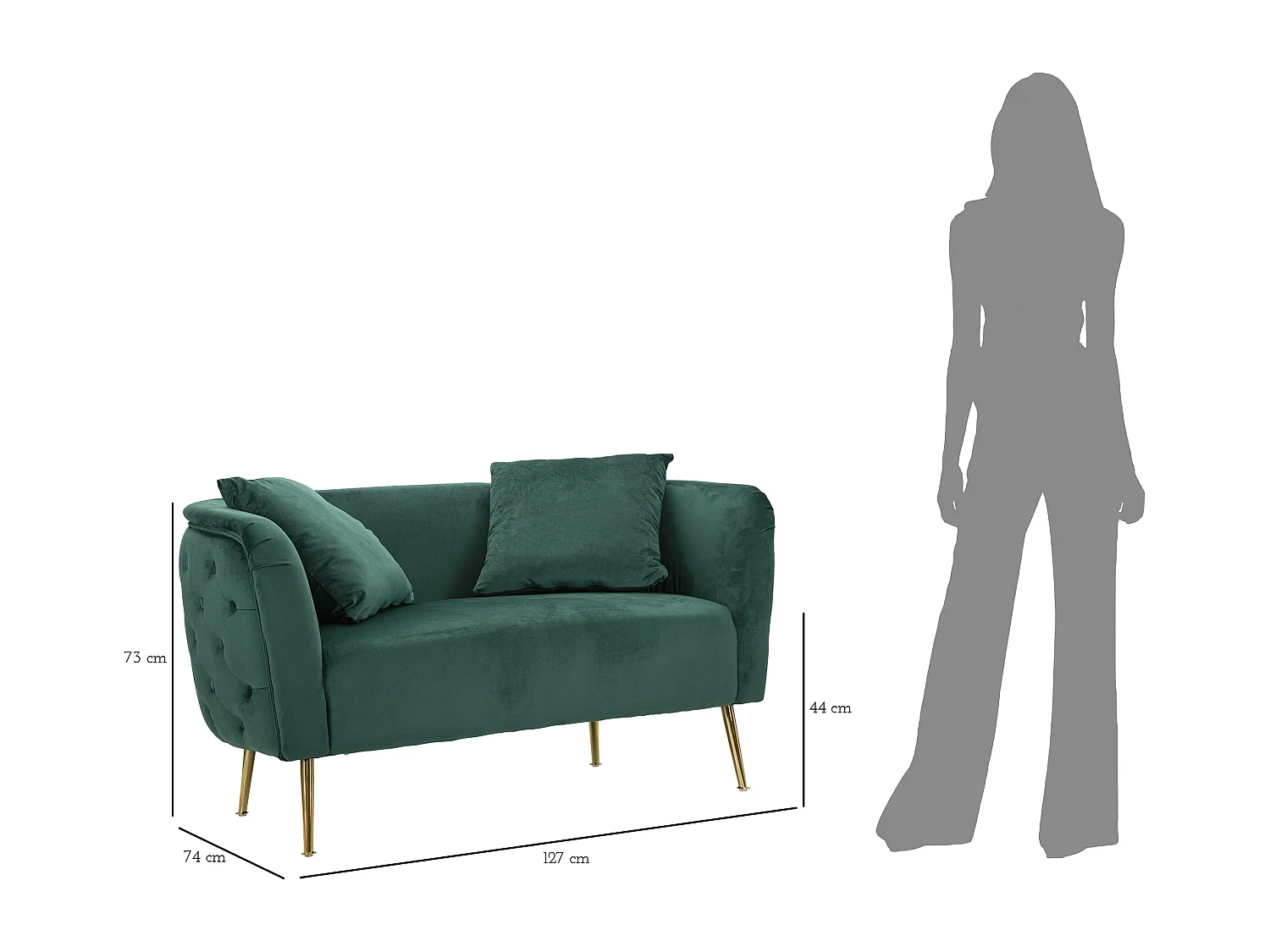 Canapé 2 places en métal et tissu doré et vert cm 127x74x73