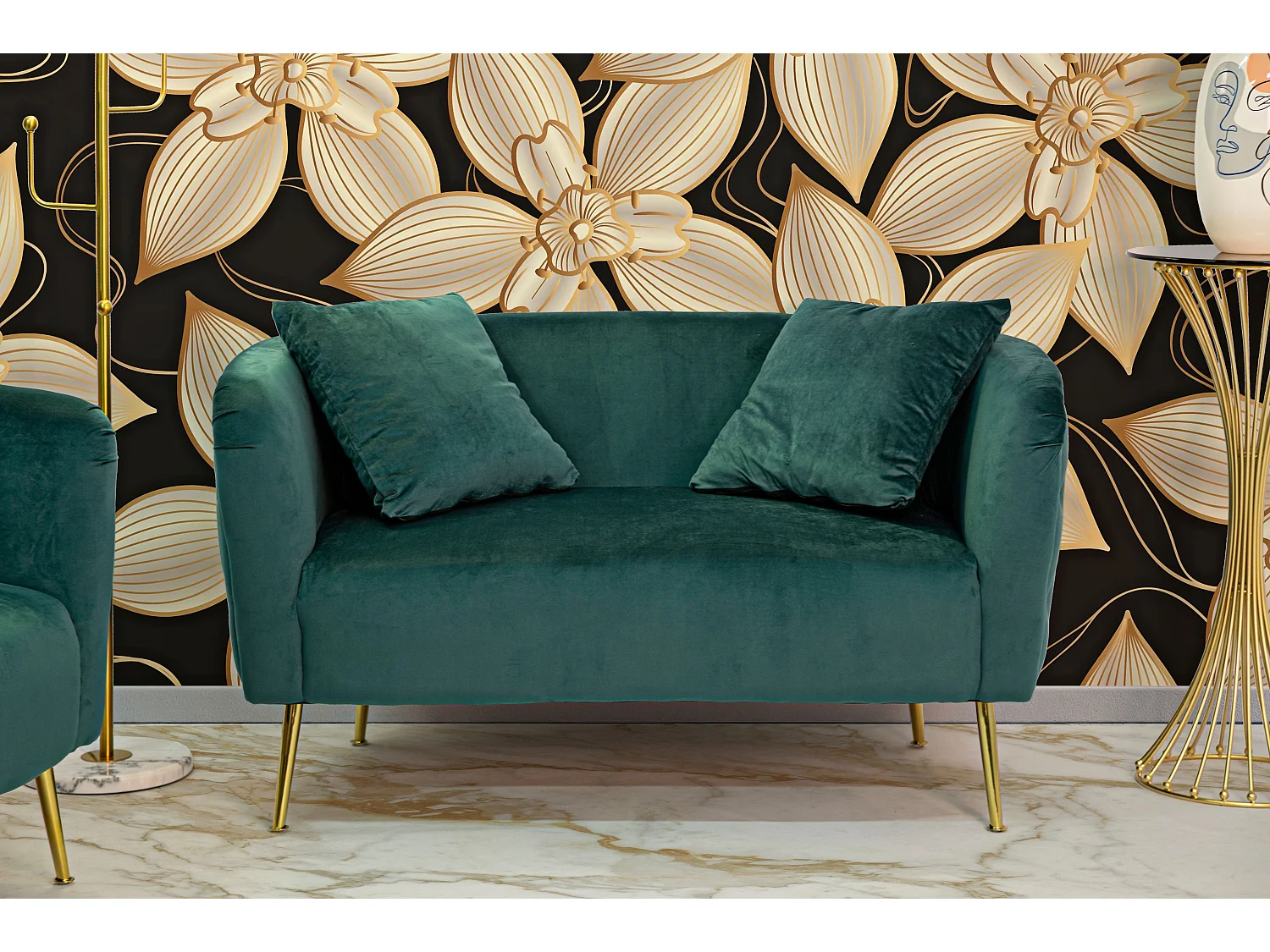 Canapé 2 places en métal et tissu doré et vert cm 127x74x73