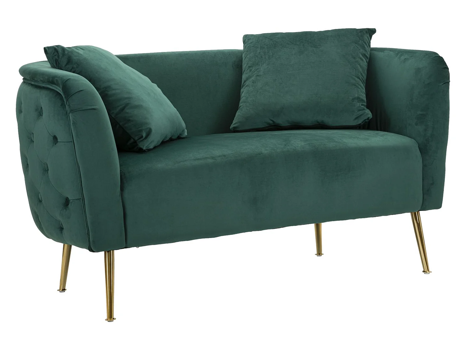 2-zitsbank in metaal en goud-groene stof, 127x74x73 cm
