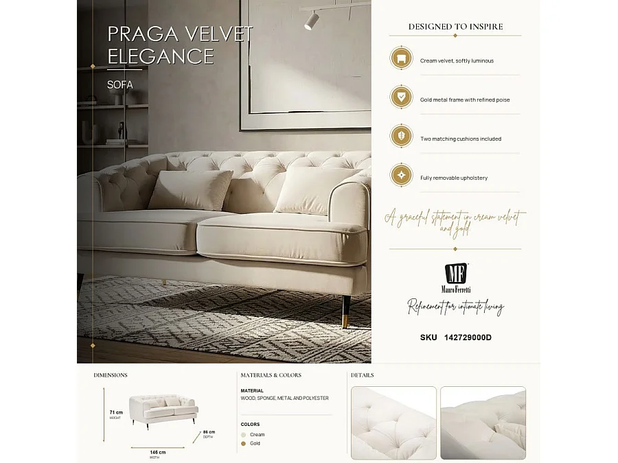 Sofa aus Polyester beige mit Beinen aus Holz und Metall 146x86x71 cm