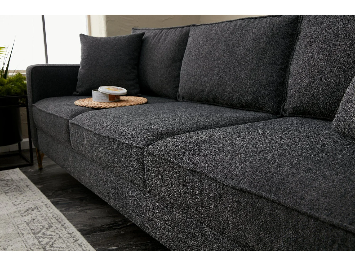 Canapé 3 places Barlino Tissu Anthracite pieds Noir