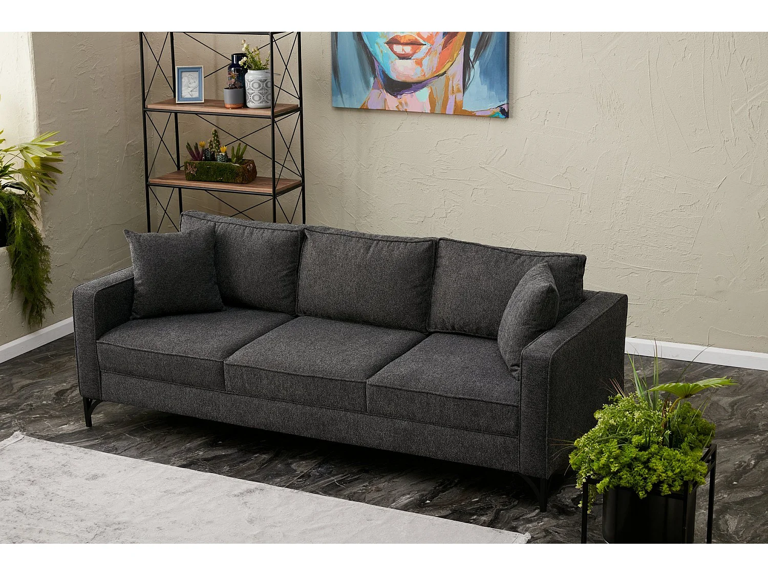 Canapé 3 places Barlino Tissu Anthracite pieds Noir