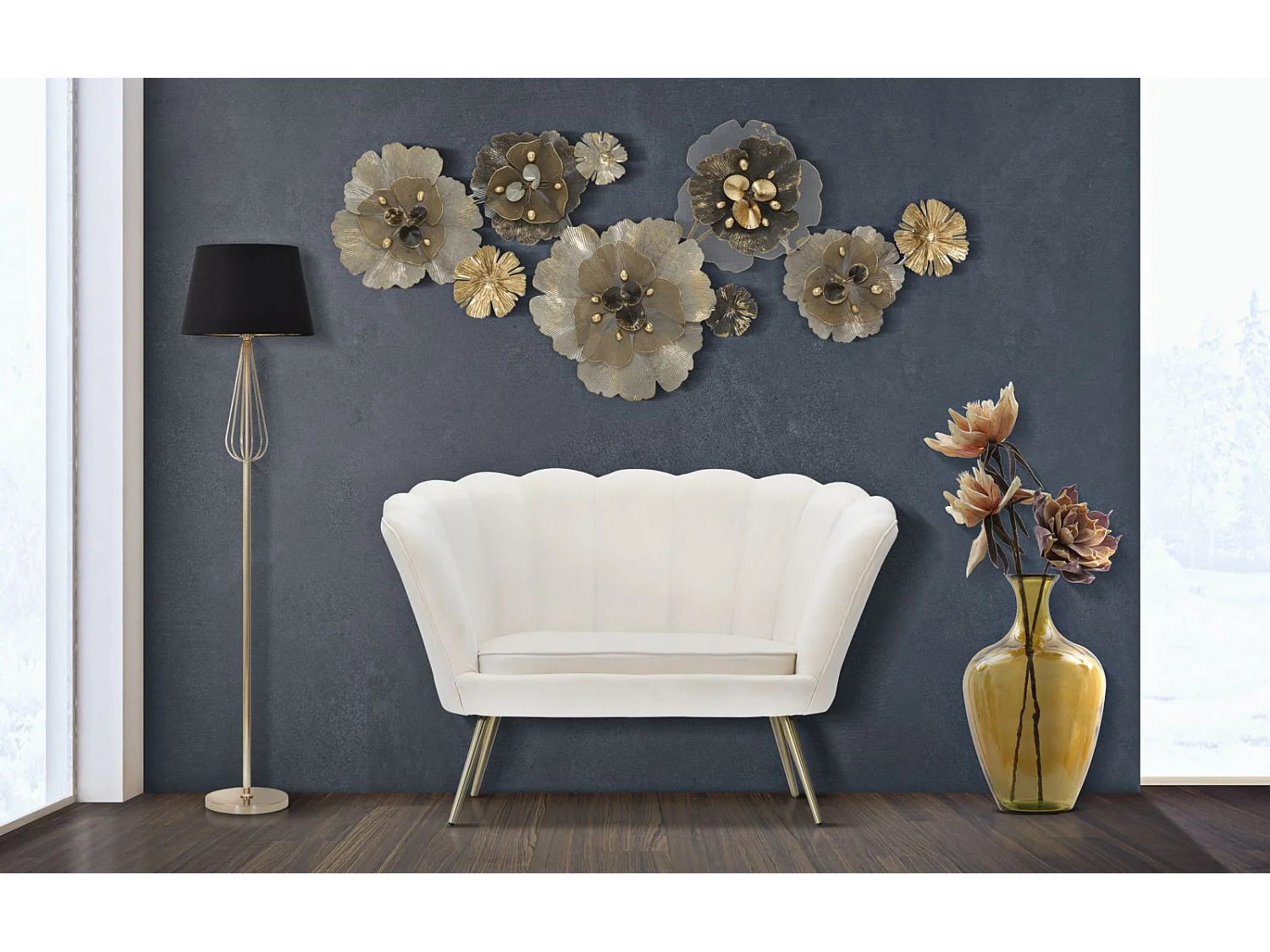 Bloemvormige bank in beige stof, 130x74x84 cm
