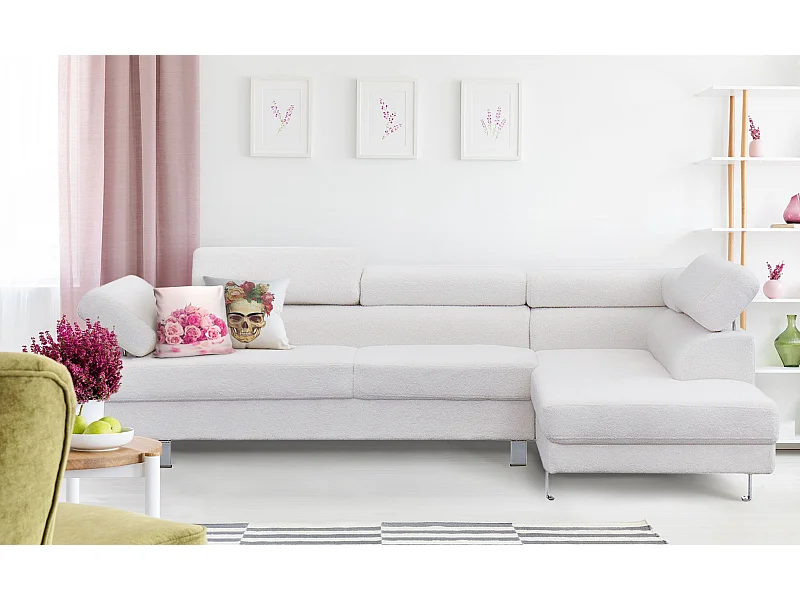 Ecksofa Alfa Bouclé-Creme mit verstellbaren Kopfstützen - Moderne Bequemlichkeit und außergewöhnliche Widerstandsfähigkeit