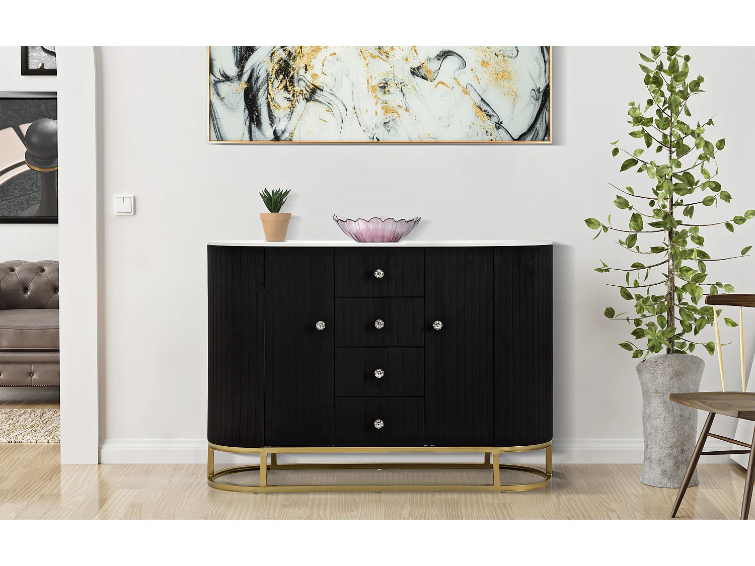 Meuble en tissu métal noir blanc doré bois 120x40x85 cm