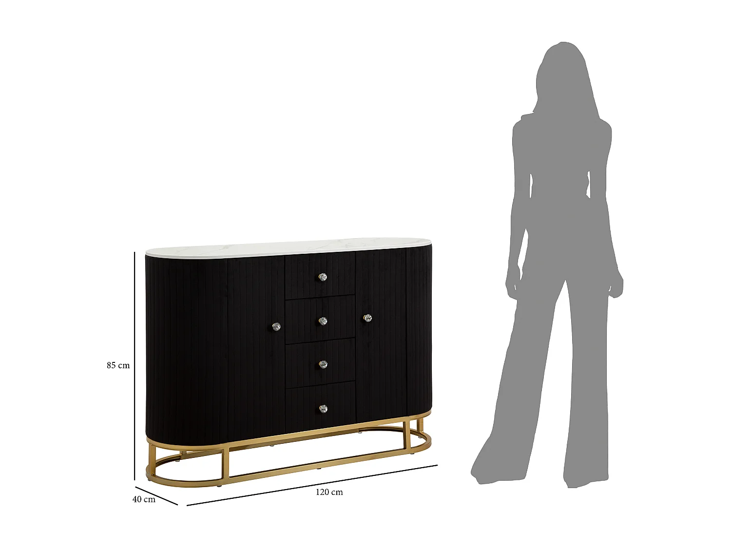 Mobile in metallo tessuto legno dorato nero bianco cm 120x40x85