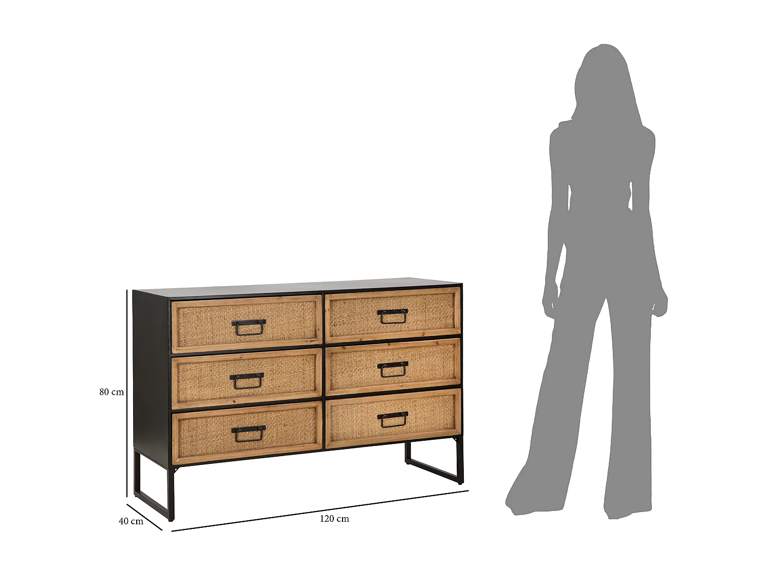 Comò con 6 cassetti in legno e metallo marrone e nero cm 120x40x80