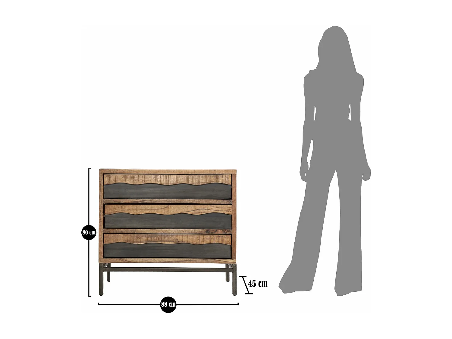 Comò in legno marrone con 3 cassetti cm 88x45x80