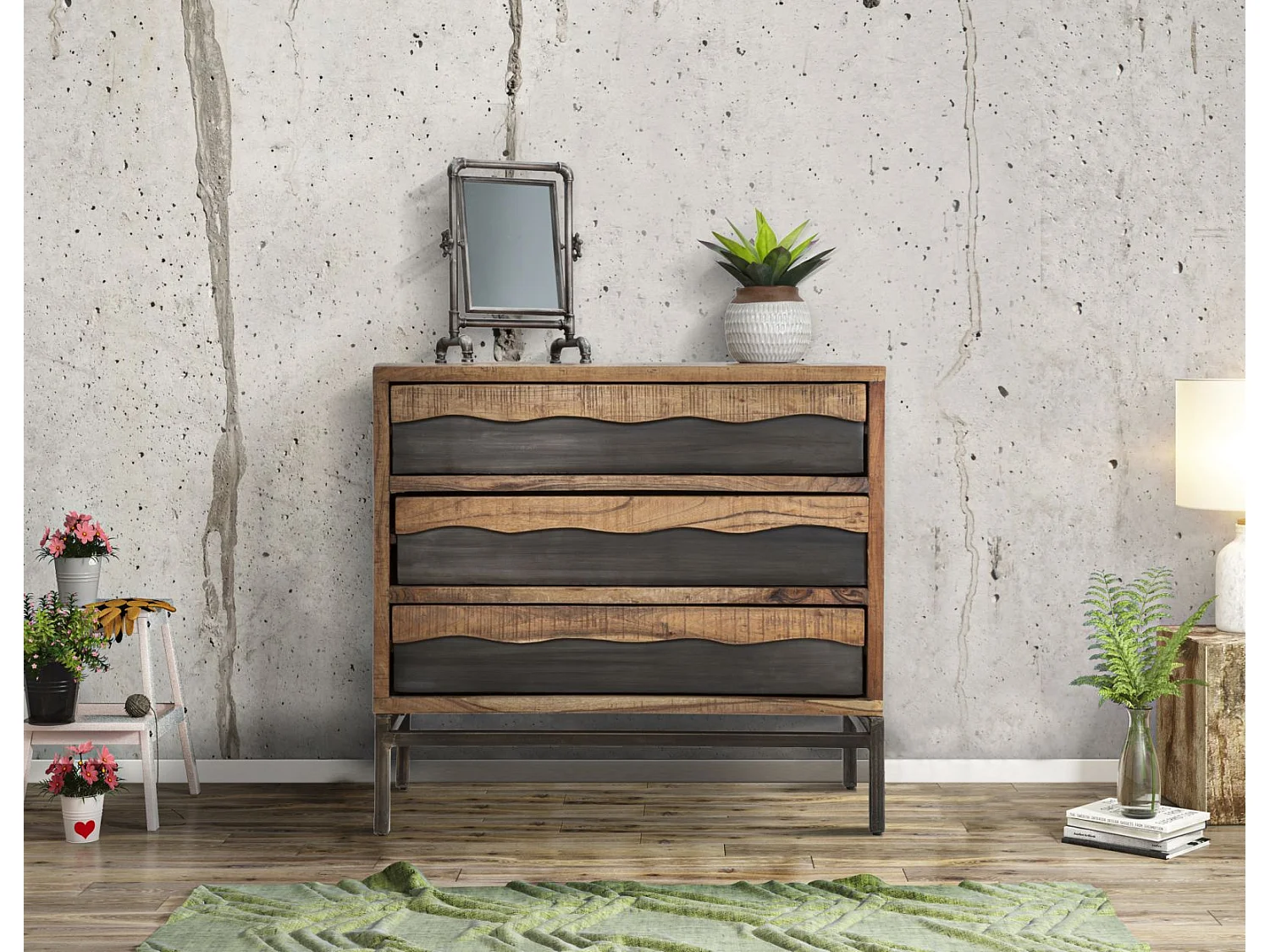 Commode 3 Tiroirs en Bois "Yellowstone" 88cm Marron