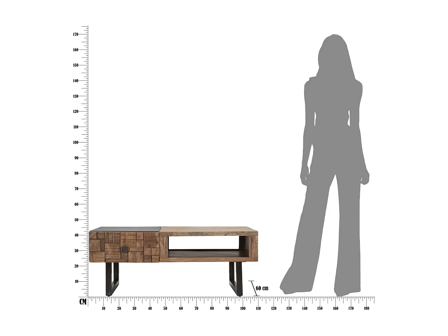 Tavolo da caffè in legno marrone con cassetti cm 110x60x43