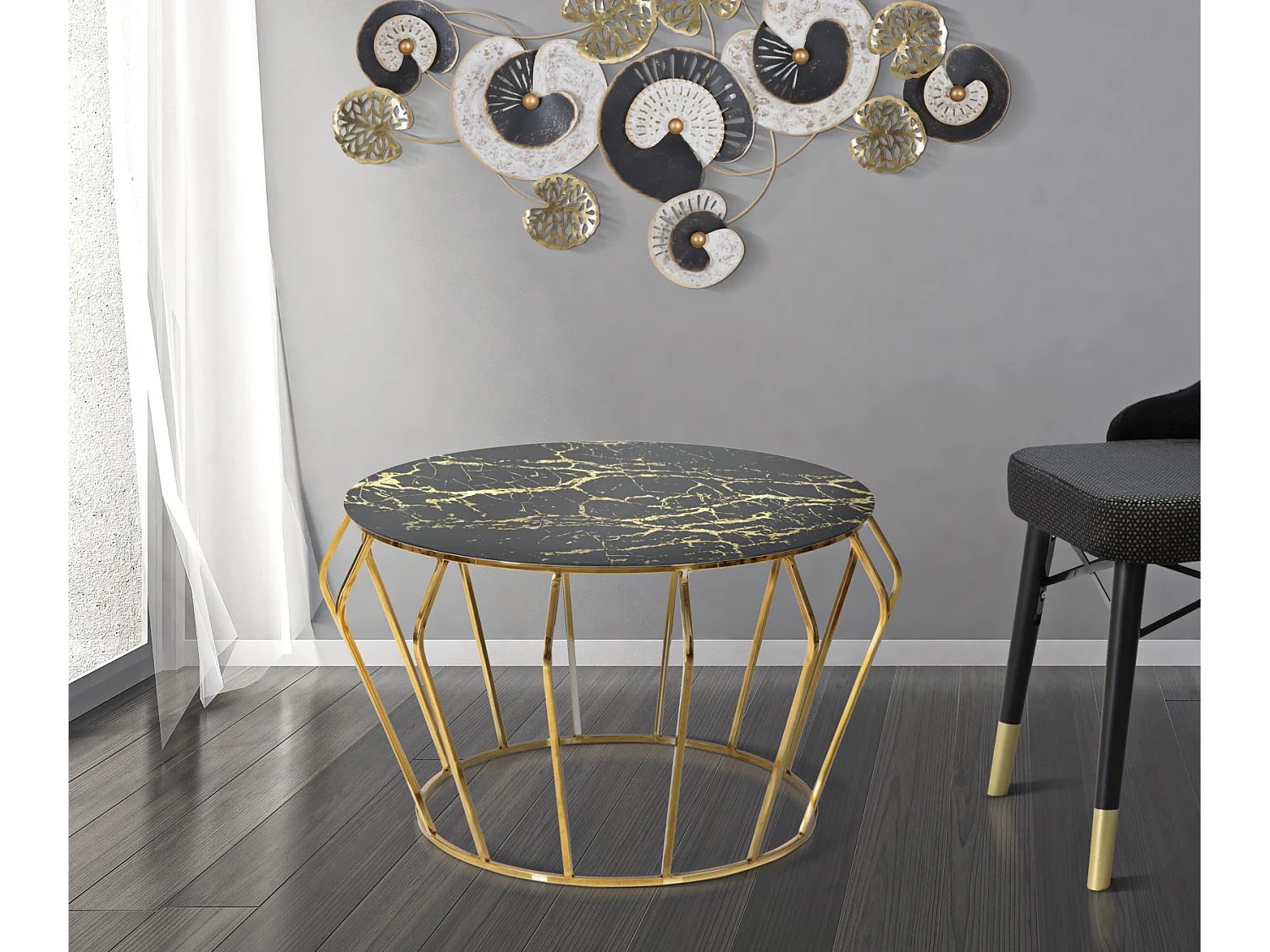 Tavolo da caffè in metallo dorato con piano rotondo Ø cm 78x44,5