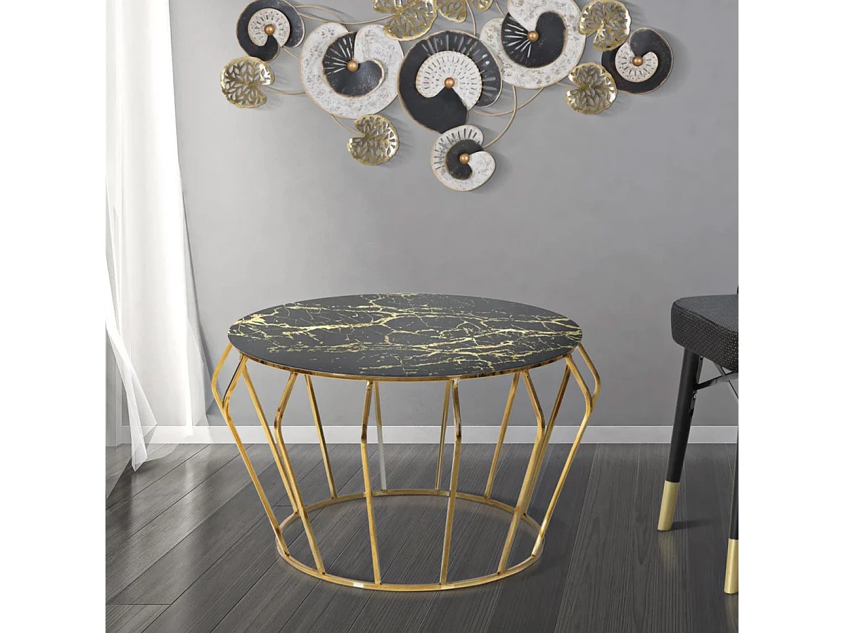 Table Basse Effet Marbre "History" 78cm Noir & Or