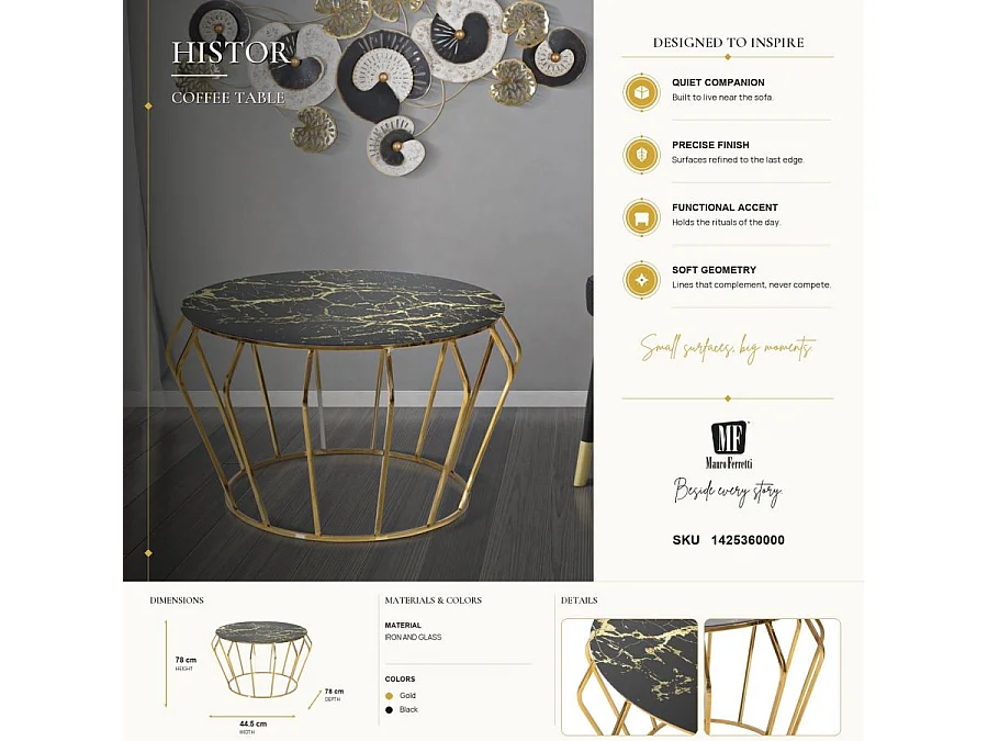 Table Basse Effet Marbre "History" 78cm Noir & Or