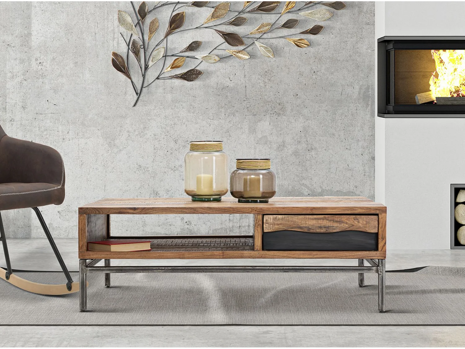 Table basse en bois marron avec tiroir 118x70x40 cm