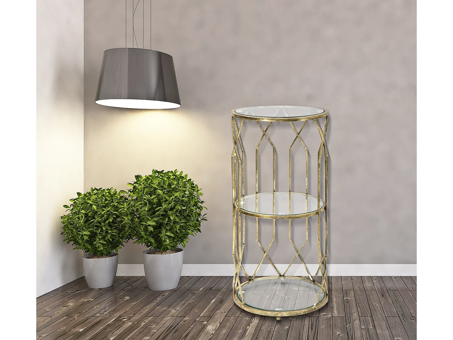 Meuble rond en métal doré avec 2 étagères Ø cm 35x71