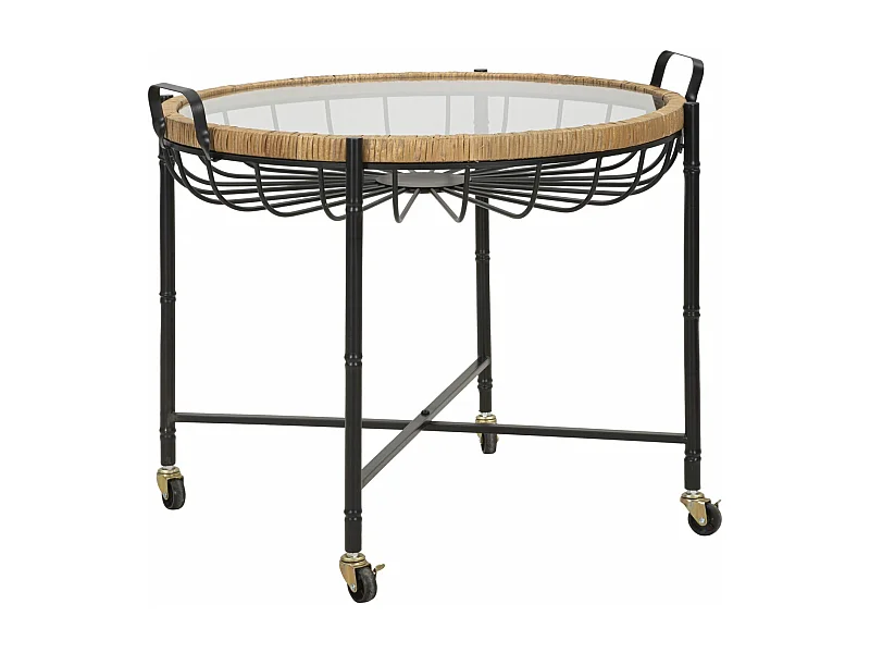 Tavolinetto in ferro, legno e vetro nero e marrone cm 70,5x65x57