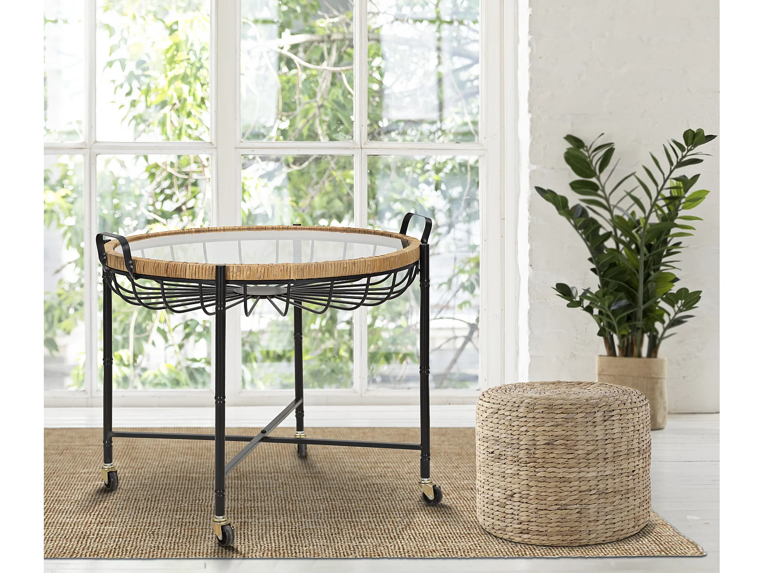 Table Basse à Roulettes "Cebu" 70cm Noir & Naturel