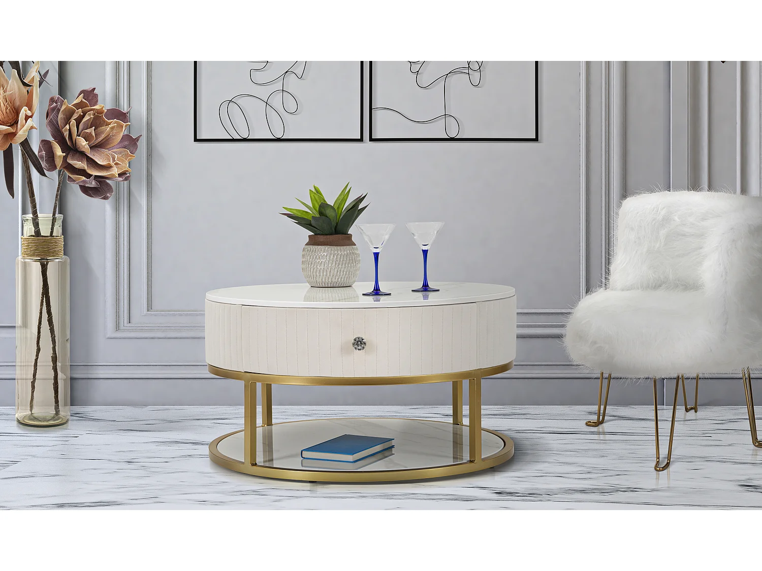 Table Basse Effet Marbre "Montpellier" 75cm Crème & Or