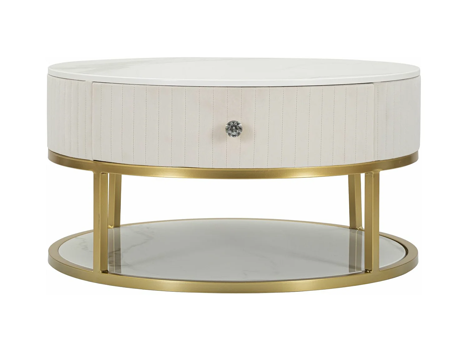 Tavolo da caffè in metallo tessuto legno dorato beige bianco Ø cm75x36